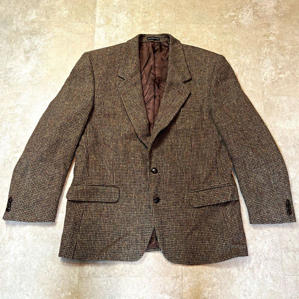 Harris Tweed Men’s Wool Tweed Houndstooth Sport Coat 42R 2-Button Brown